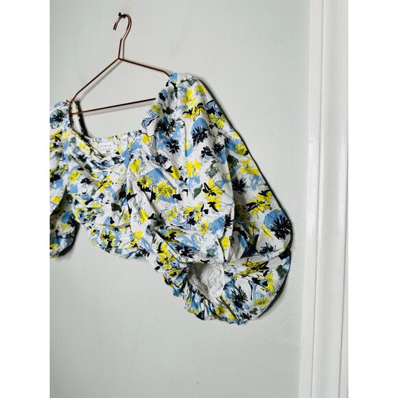 TANYA TAYLOR Blue Floral Cotton Off Shoulder Puff Sleeves Alondra Top Size 2 - Picture 5 of 14